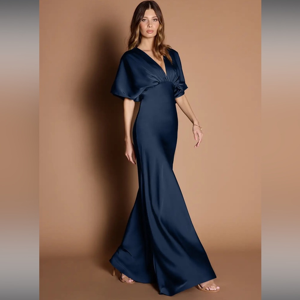 Azazie Lavinia Navy Satin Dress